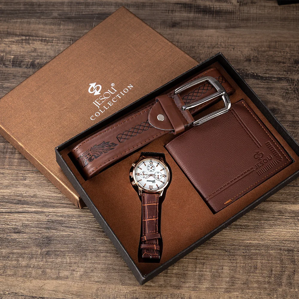 

Hot selling Wholesale Fashion Men Gift Set Luxury Watch And Wallet Belt wallet 3 Piece Men Watch Set, White/blue/black