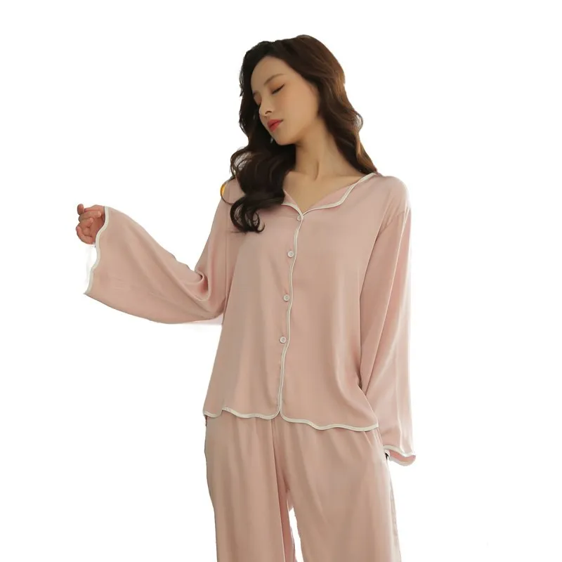 

Women's Two-piece Suit Pajamas Spring Summer Ice Silk Satin Sleepwear Pajamas Thin Long-sleeved Shirt And Pants Nightwear