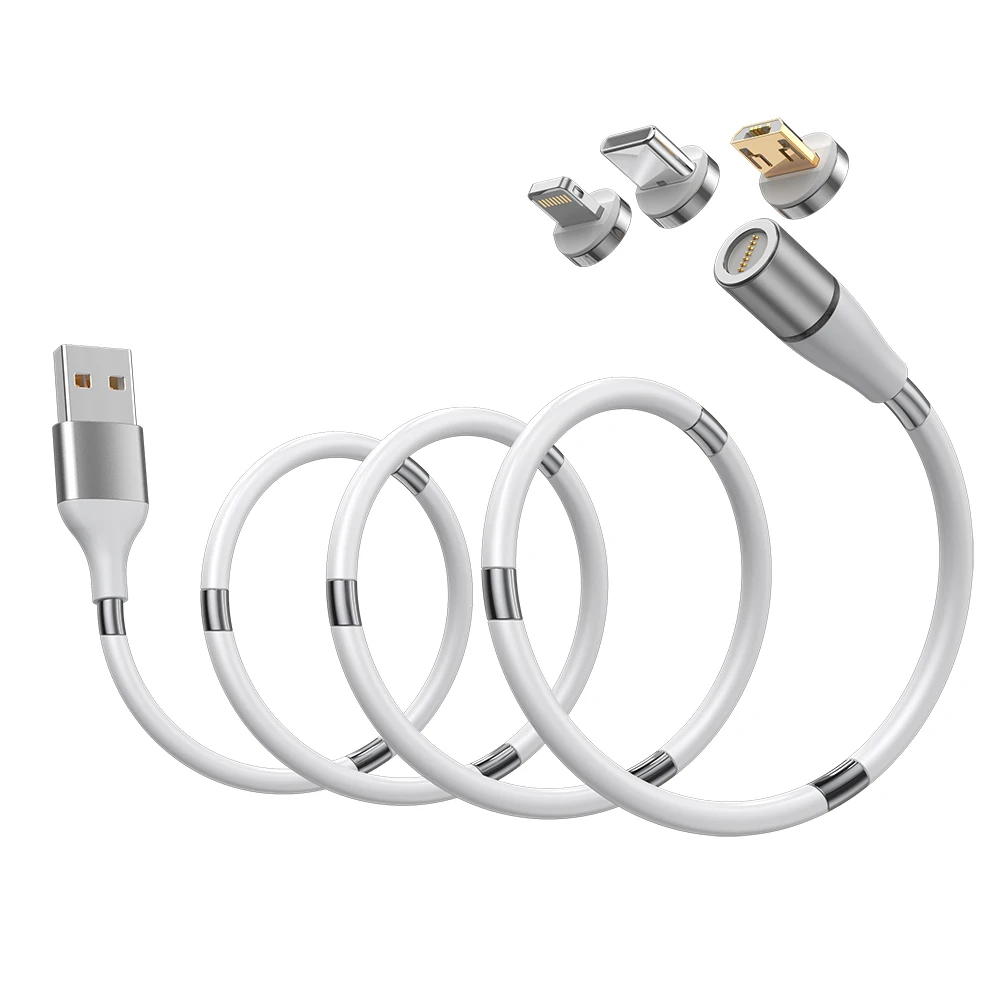 

3A Self Winding 3 in 1 Magnetic Charging Data Cable Type C Micro 8Pin USB Cable 3A Fast Charging Cable, Black, white