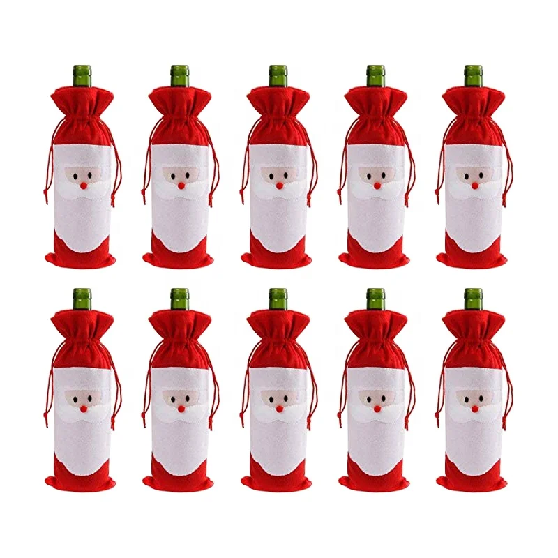 

10 Pack Santa Claus Christmas Drawstring Red Wine Bottle Cover Bags for Home Dinner Party Decoration Table Decor Xmas Gift