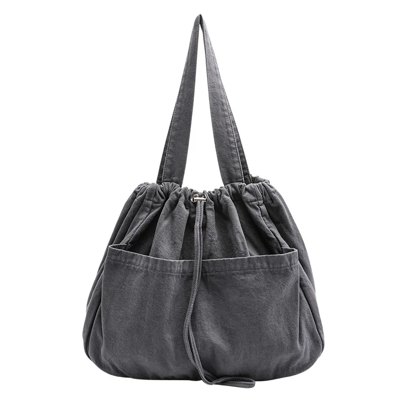 

High Quality Korean Simple Ladies Drawstring Handbag Leisure Large Capacity Washed Canvas Tote Bag