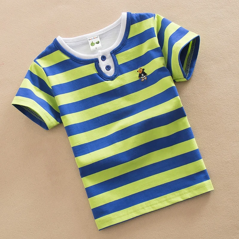 

Cheap Wholesale Clothing Baby Short Sleeve Double Collar T Shirt Cute Printing Kids Casual Cotton Striped Teens Boys