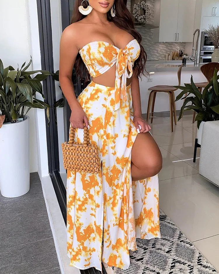 

drop shipping 1pcs women's clothing 2021 yellow strapless tops slit wide leg pants two piece pant set