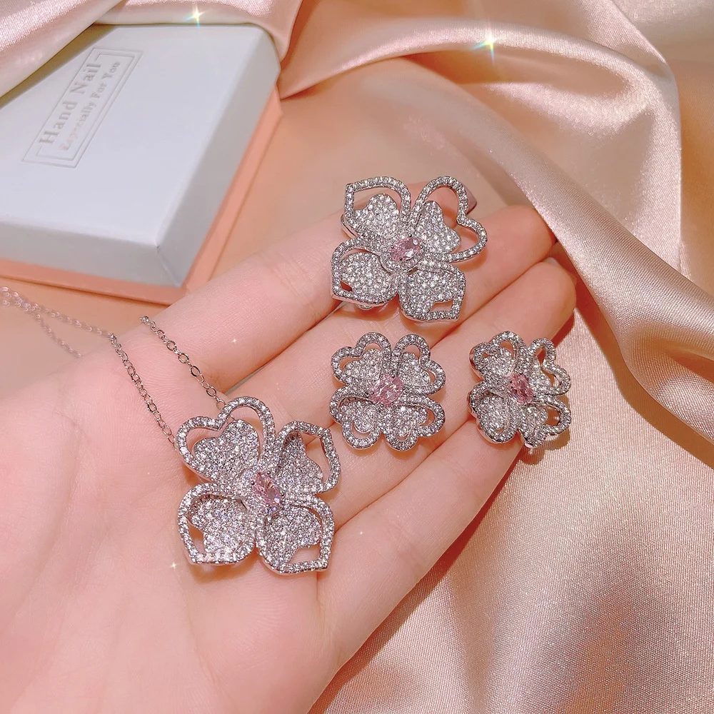 

New Three-piece Jewelry Fashion Flower Shape Women's Earrings Necklace Rings Exquisite Wedding Bridal Jewelry Set, Customized color