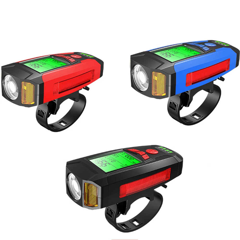 

Multi Function Bicycle Front Light,Led Lamp Bike Computer Speedometer,5 Modes Cycle Bike Horn Bell Flashlight Cycling Headlight, Black, red, blue
