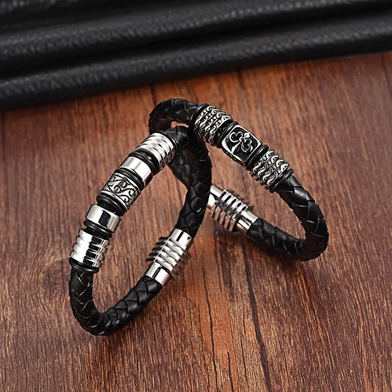 

Hot Selling Jewelry New Design Classic Stainless Steel Clasp Real Genuine Leather Bracelet Men Bangle BXG151-156