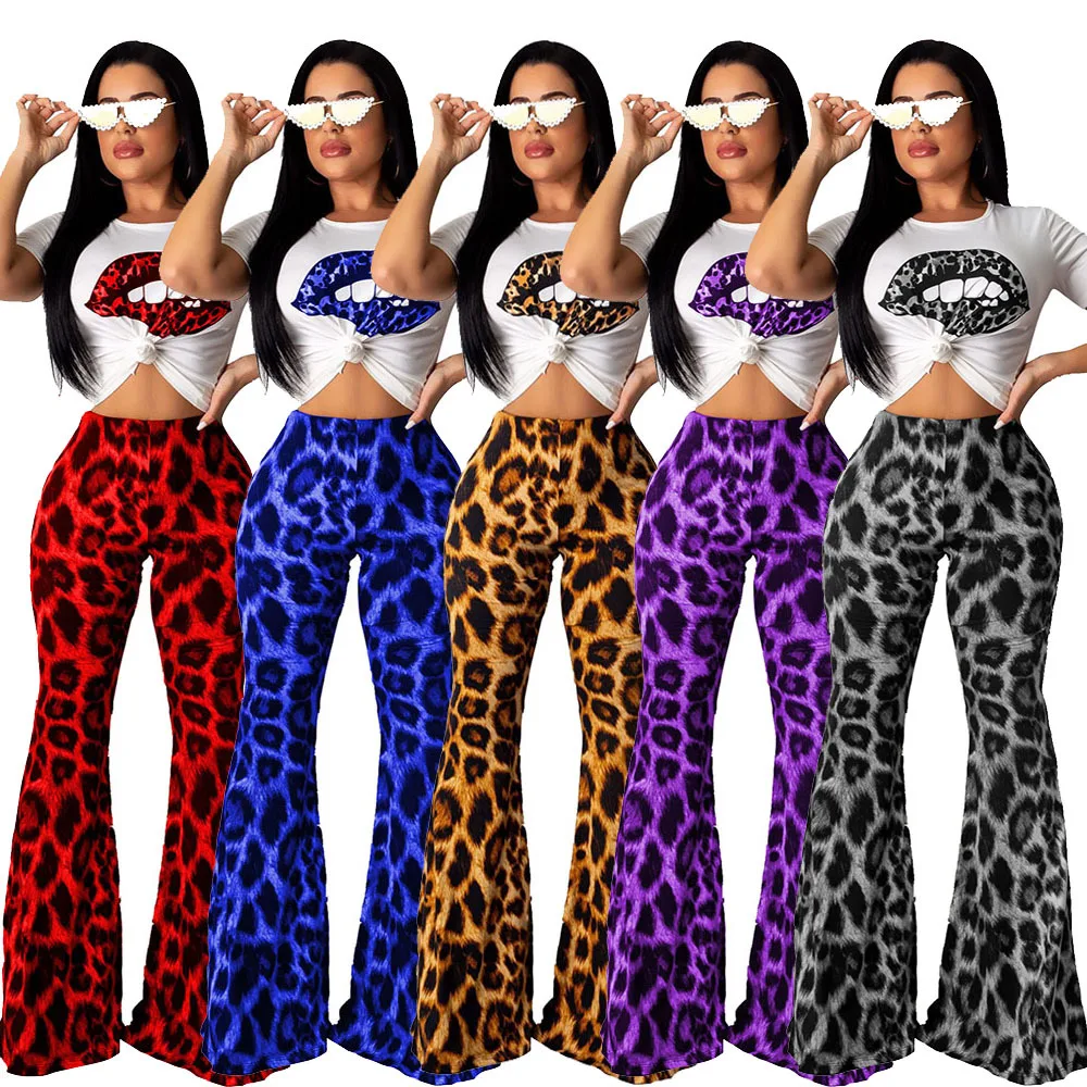 Women clothing sets dress casual Lip printed tops white T-shirt and leopard print Flared trousers FM-TS968