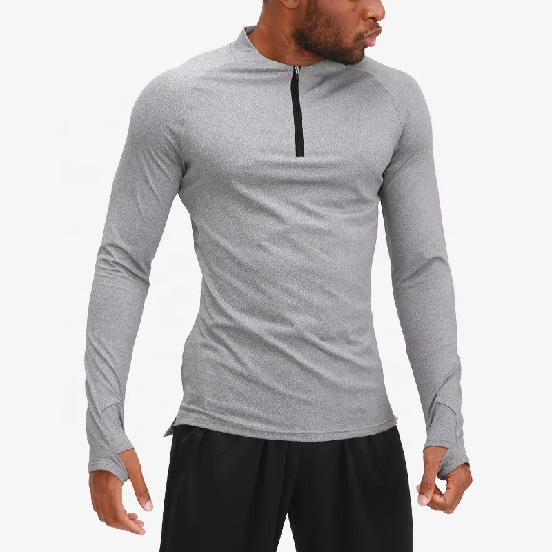 

Custom Logo Gym Apparel Men Wholesale Blank Thumb Hole Zipper Neck Long Sleeve Tshirts In Bulk