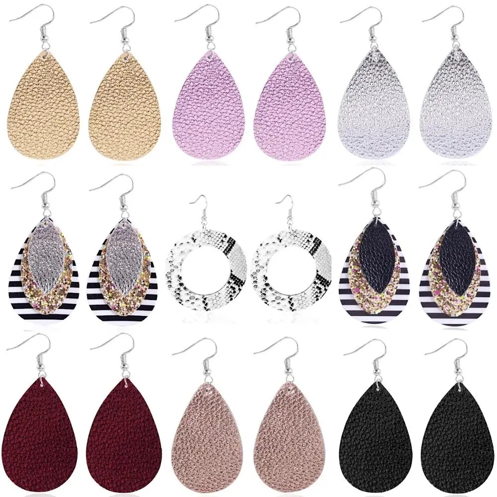 

2021 Factory Cheap Leopard Drop Shape Earring PU Leather Earrings for Women, 9designs