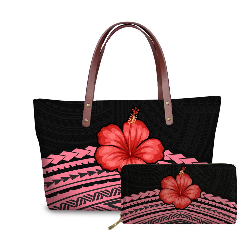 

Fashionable Ladies Purses And Handbags Set Red Hibiscus Flower Polynesian Tribal Design Print Big Shopping Bags Match Wallets