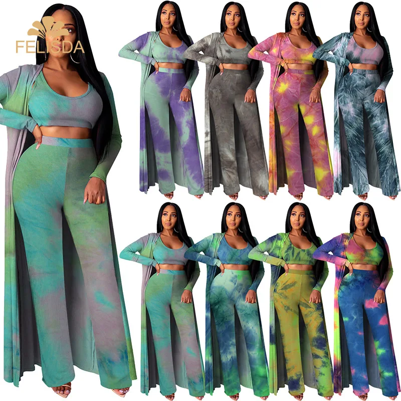 

Large Size 3Xl 3 Piece Set Tie Dye Women Winter Long Sleeve Three Pieces Sets For Female Long Coat Pants Tops Women'S Suits