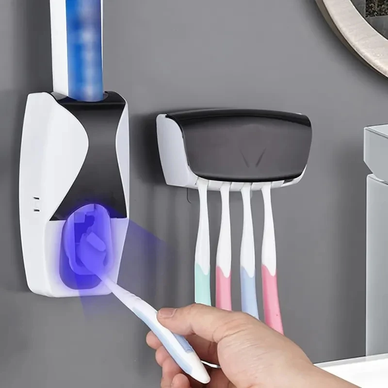 

Wholesale Wall Mount 5 Slot Toothbrush Hanger Dispenser Automatic Toothpaste Squeezer and Toothbrush Holder Set