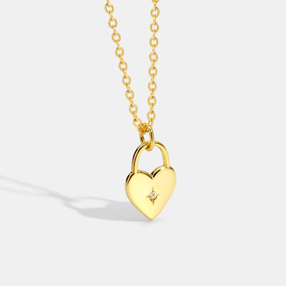 

European American Style Geometric CZ Heart Pendant Necklace Cubic Zircon Love Padlock Link Chain Necklace For Girl