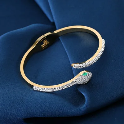 

Western ins style luxury stainless steel snake diamond bangle animal zircon women gold bracelet, As pic