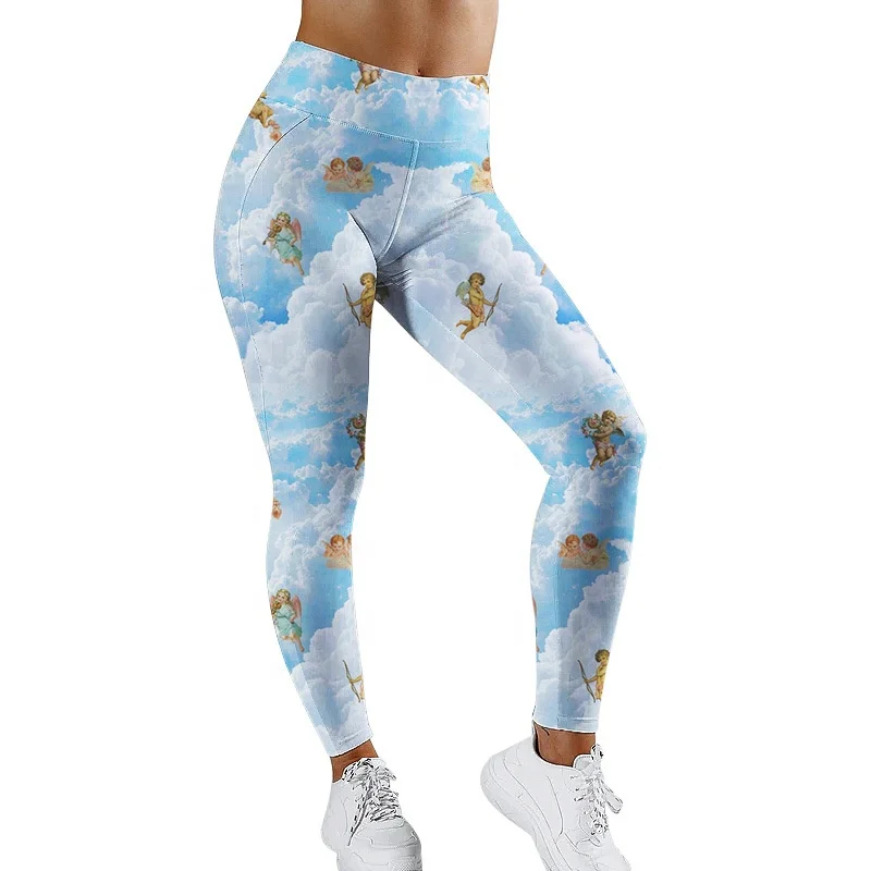 

New Arrivals 2021 Women Casual Angel Print Slim High Waist Mesh Leggings
