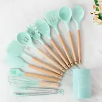 

Amazon Heat Resistant Non-Stick silicone spatula kitchen accessories 11pcs cooking tools kitchen utensils set with Wooden Handle