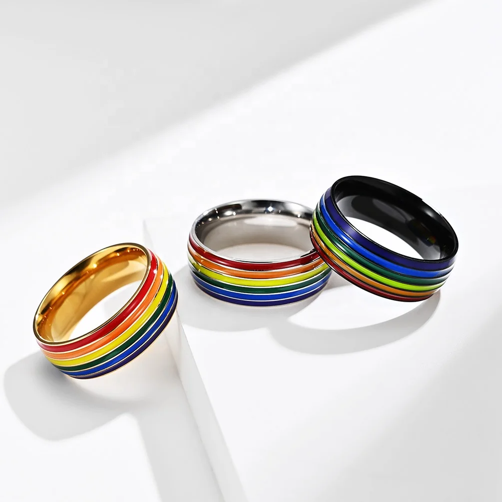 8MM Hot Sale Fashion 18k Gold Plated Gay Pride Jewellery Rings Women Rainbow For Men Titanium Steel