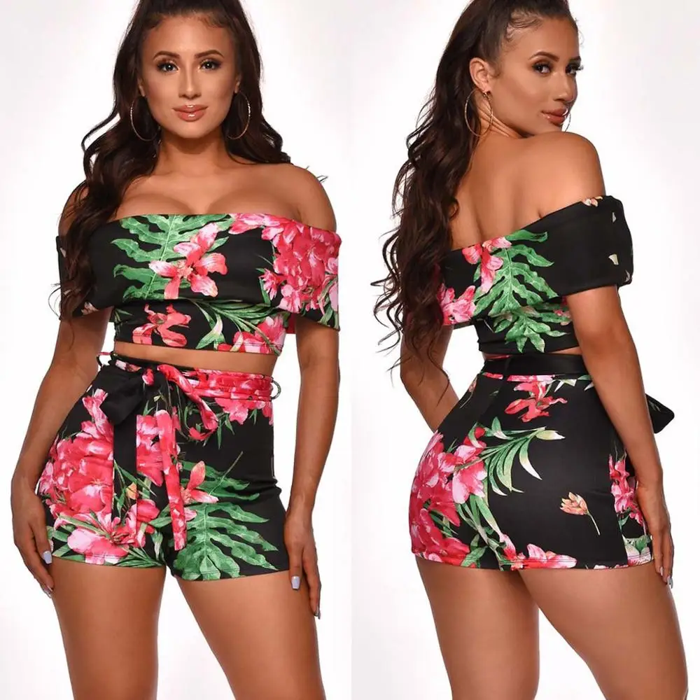 

FS0947D women floral prints tops and shorts 2 pieces sets