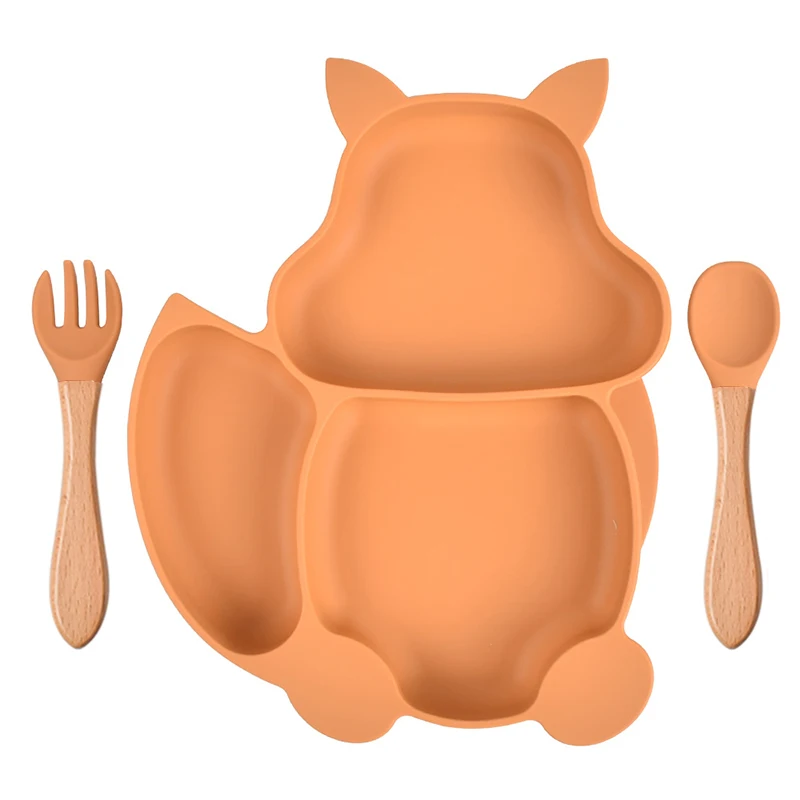 

Microwave Dishwasher Safe Divided Kids Cartoon Squirrel Children Suction Silicone Baby Plate With Spoon And Fork