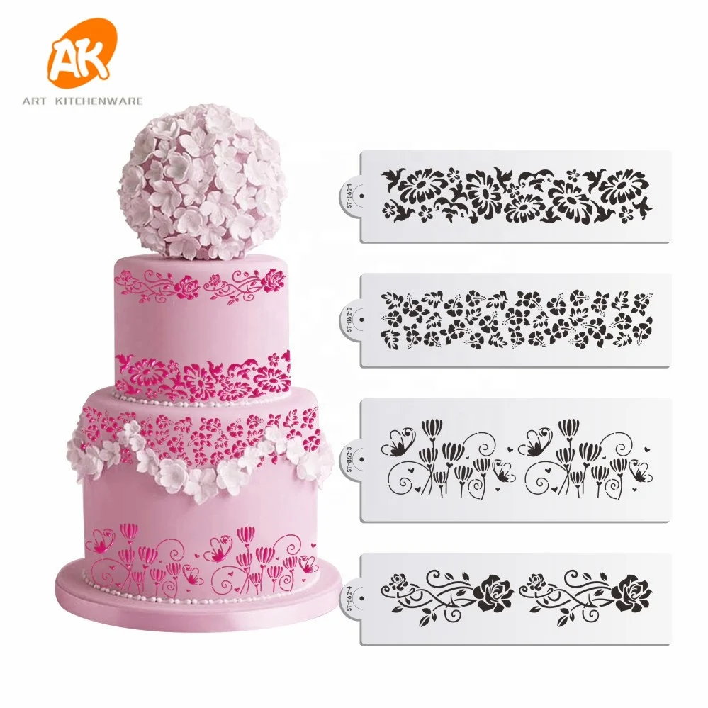 

AK 4pcs Flower Custom Royal Icing stencil Food Grade Laser Cut Plastic Painting Stencil Template Lace Cake Stencils ST-862