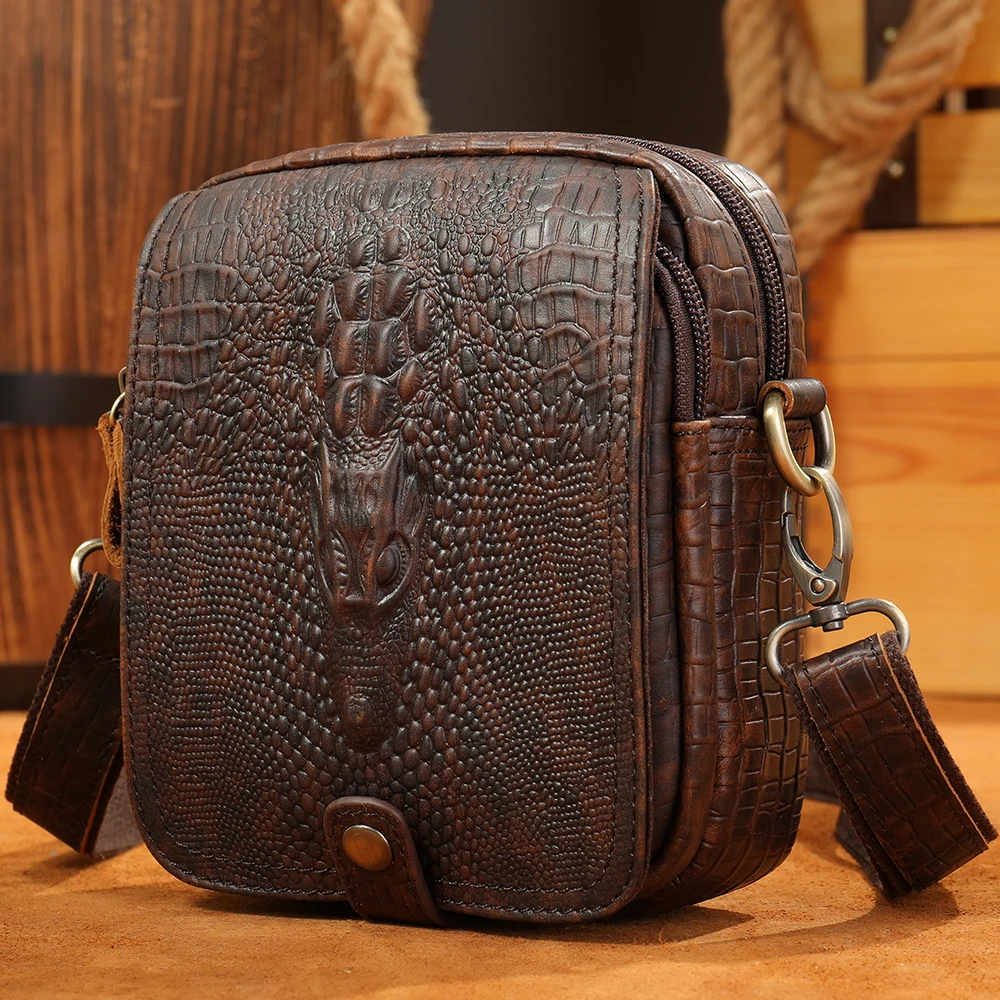 

Men's High Quality Crocodile Satchel Crossbody Phone Bag Vintage Leather Male Messenger Bag Genuine Leather Shoulder Bag Men, Coffee