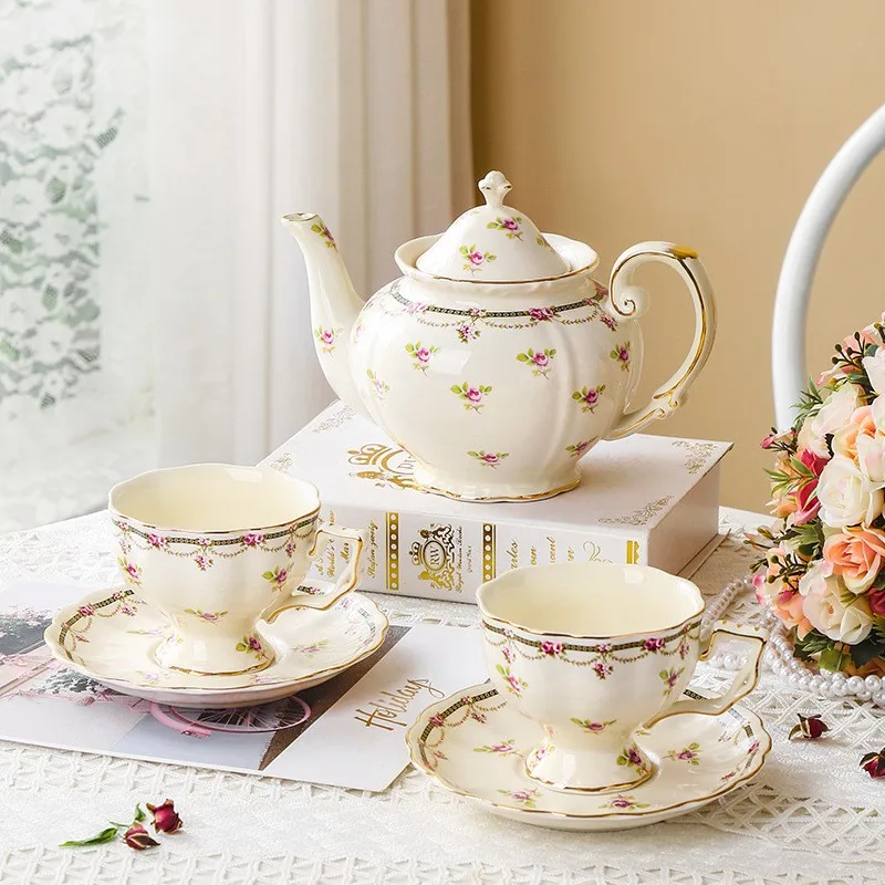 

QIAN HU New Arrived 2022 Vintage British Floral Tea Pot Afternoon Tea Cup and Saucer Set, White. accept customized