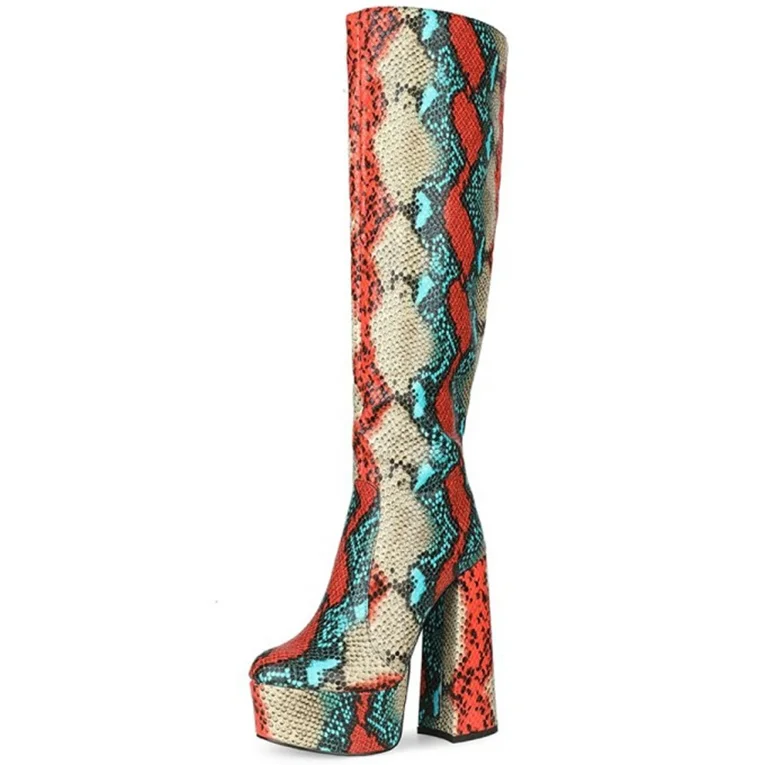 

Fashion Round Toe Women Knee High Boots Colorful Snakeskin Prints Chunky High Heel Boots for Lady Large Size Party Long Boots, Mixed