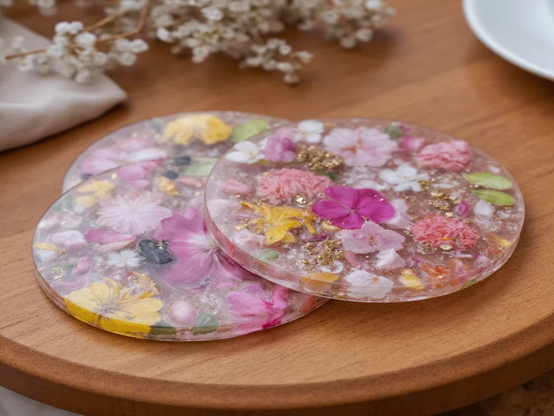 Resin coasters with pressed flowers and gold flakes