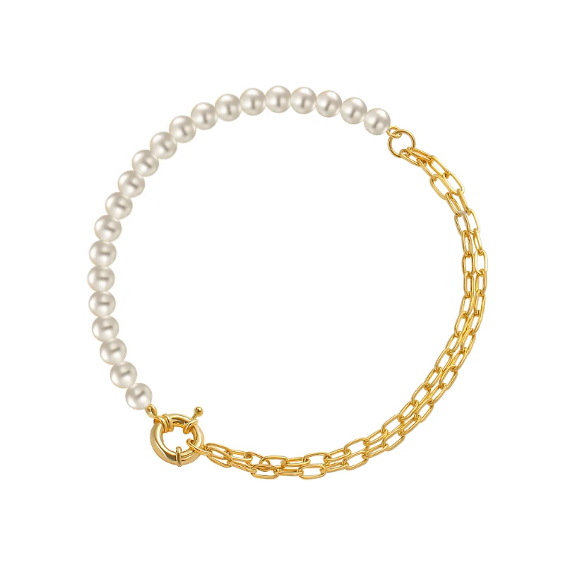 

Hip Hop Real 14k Gold Plated Link Chain Pearl Necklace Simple Collar Pearl Necklace for Men Women, Gold plated with white pearl