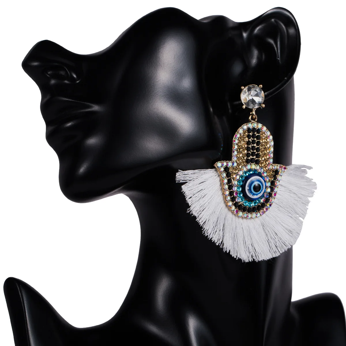 

European exaggerated bohemian diamond-studded palm eyes fan-shaped tassel earrings female personality earrings, Picture shows