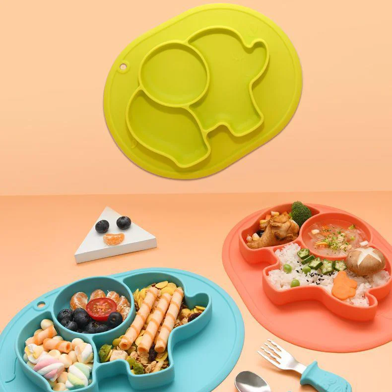 

Cute Design Soft Safety BPA- Free Silicone Plate Kids Feeding Toddler Baby Food Divided Dinner Plate With Suction, Blue / orange / yellow