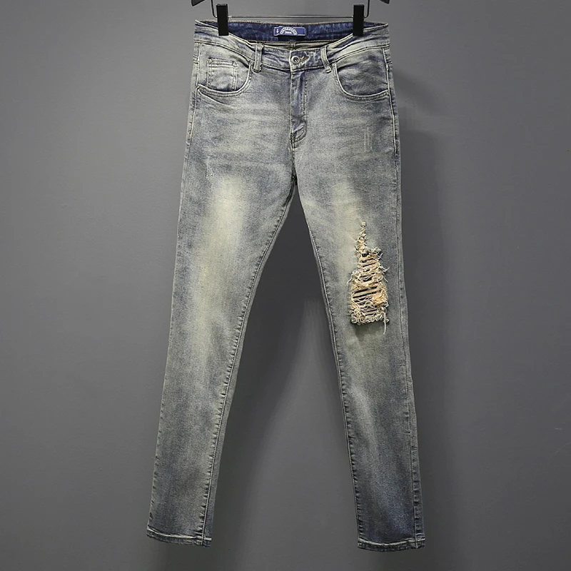

Quality Men's jeans Male denim pants skinny autumn winter Cotton holes jeans classic Nostalgic jeans for men, Picture color