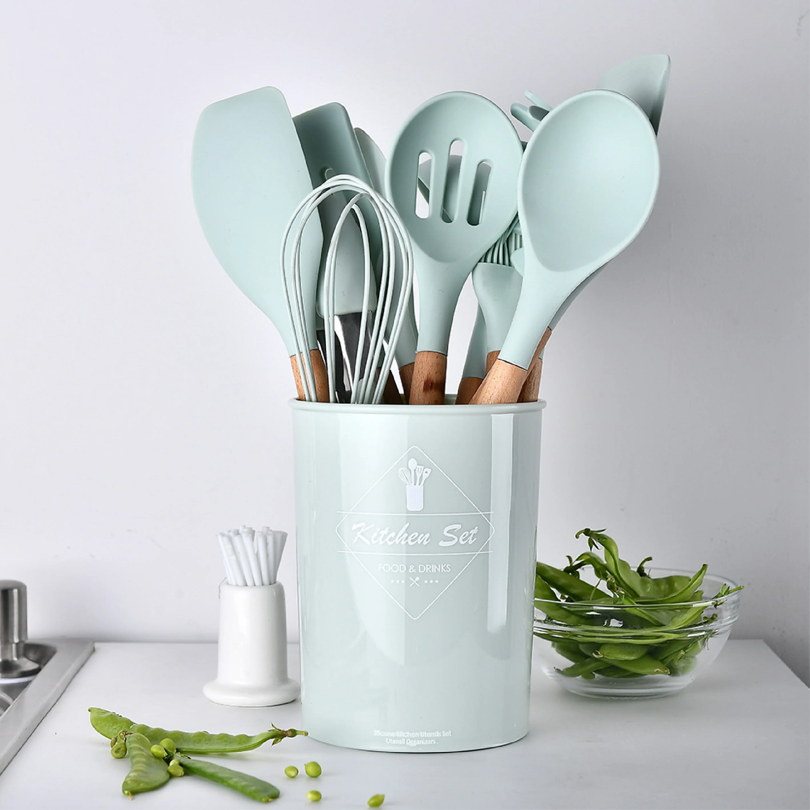 

Green Kitchenware tool Silicone cooking Kitchen Utensil Set With Wooden Handle holder Accessories Spatula Turner Ladle cookware, Customized
