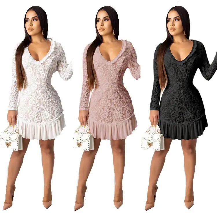 

1019M220 new style v neck opening back full lace spliced chiffon Club Casual Women Dresses Sexy, White, black,pink