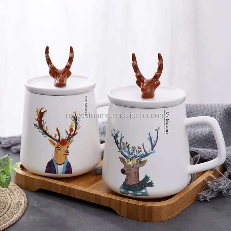 

New Christmas gifts Lovers' mugs Nordic wind antler animal ceramic mugs office coffee mug with cover milk