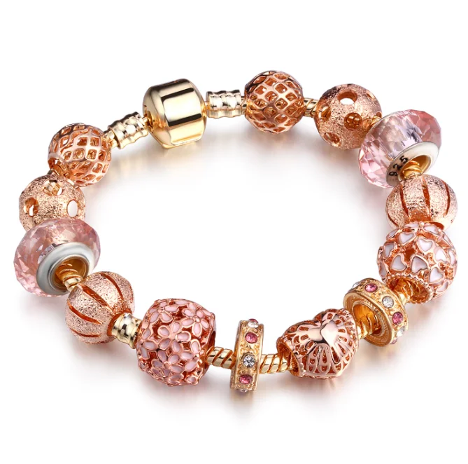 Rose gold alloy glass bead 19cm hollow   flower DIY bead bracelet