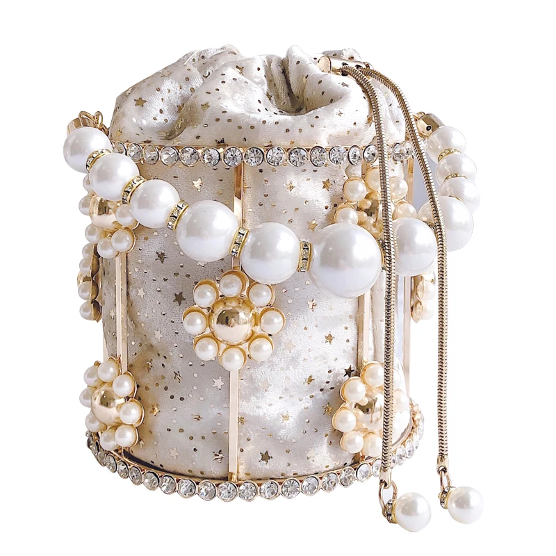 

Luxury Party Women Pearl Rhinestone Chains Bucket Metal Evening Handbag Clutch Bag Crystal Wedding Handbags, Gold , silver , black