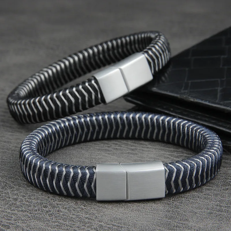 

European and American Fashion Retro Wave Interval Pattern Stainless Steel Men's Leather Cord Bracelet Jewelry Gift, Picture
