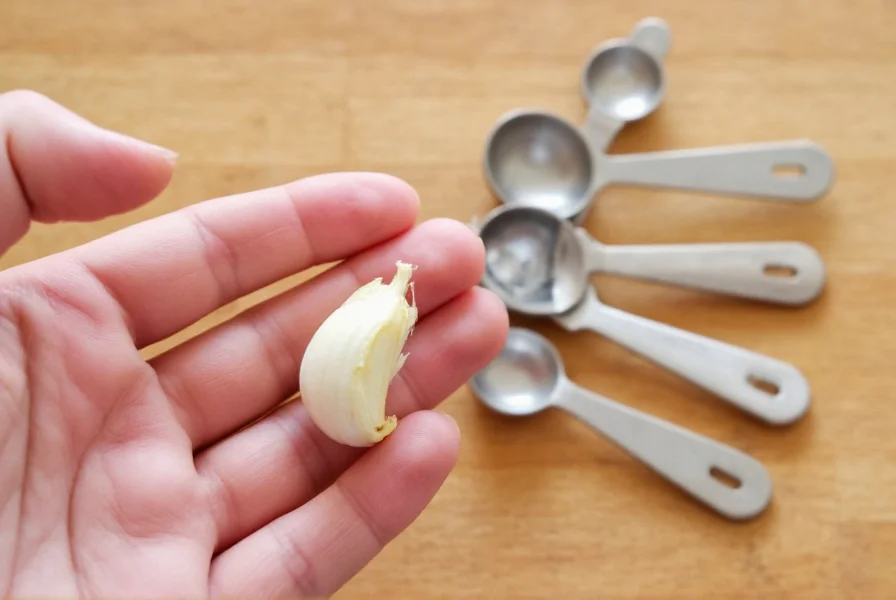 Chef's hand holding a single garlic clove next to common kitchen measuring spoons for size comparison