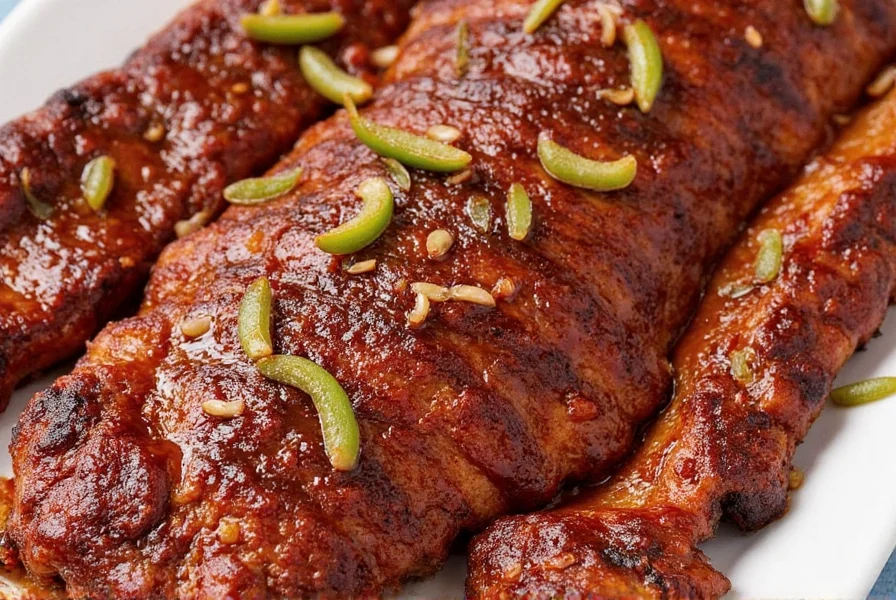 Freshly smoked ribs on a grill with mop sauce nearby