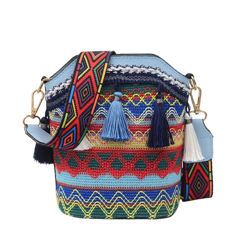 

Fashion Bohemia Ethnic Chain Hand Shoulder Grass Straw Cylinder Summer Fairy Tassel Bucket Bag Tote Bag, Blue,red,deep blue,brown