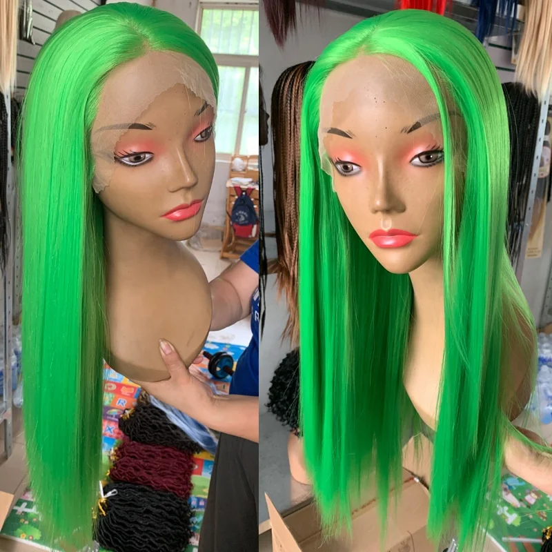 

Cosplay Lace-front Silky Long Straight Green Synthetic Wig Semi-hand Synthetic Wigs Headgear For Women, Pics