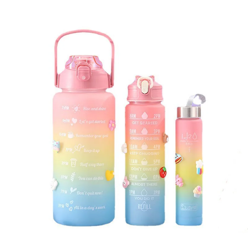 

3Pcs/Set 2L Direct Drinking Plastic Sport BPA Free Gym Fitness Motivational Water Bottles With Straw And Handgrip