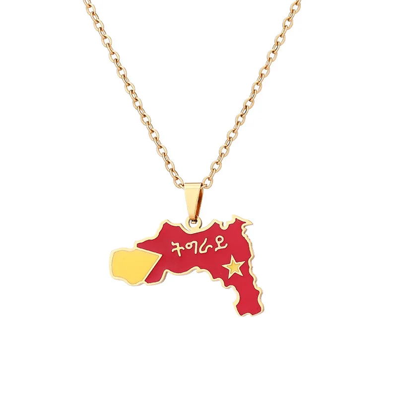 

Statement Colorful Oil Dripping Ethiopia Flag Pendant Necklace Stainless Steel Ethiopia Map Necklace For Party, Gold silver