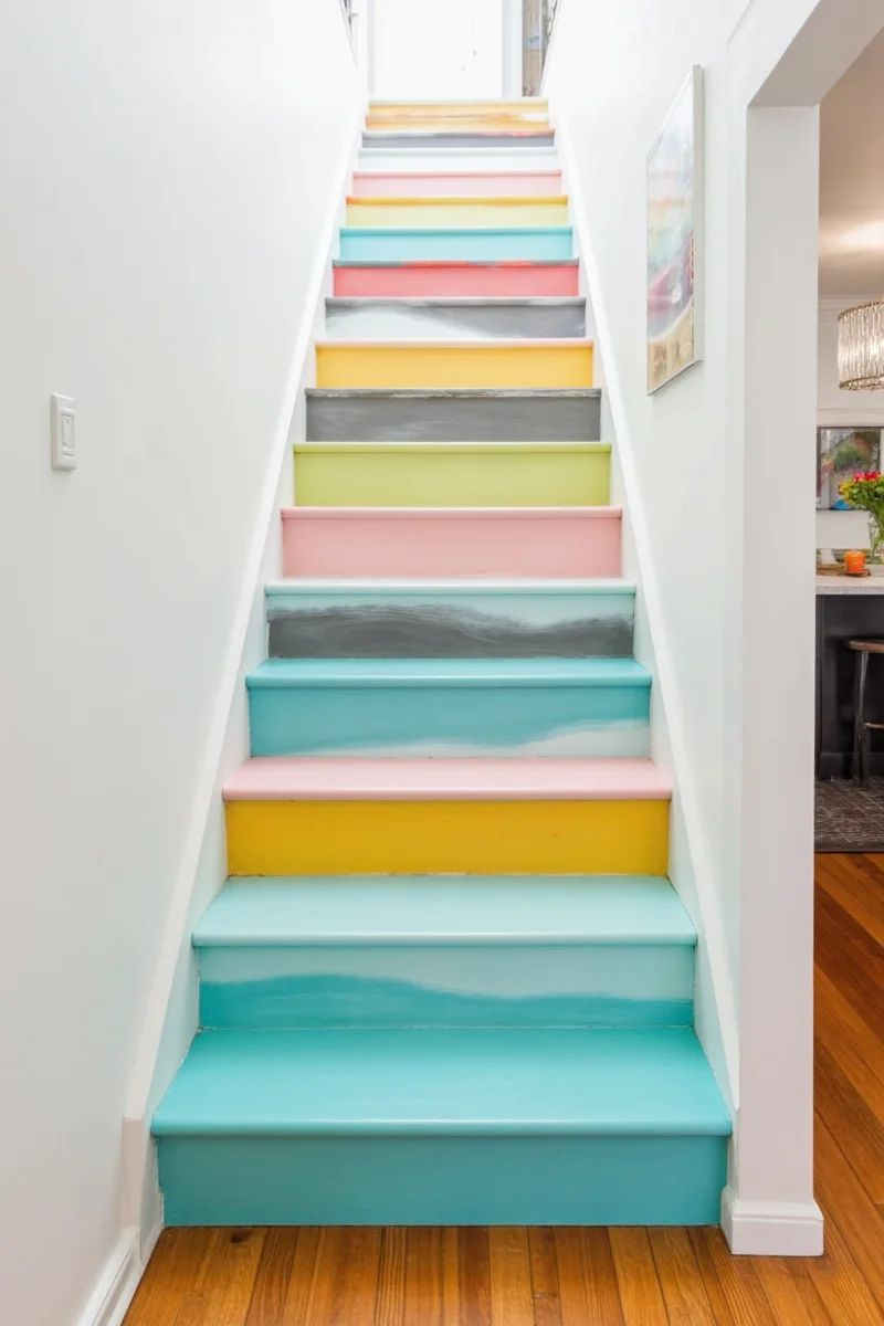 Rainbow stairs painted in ROYGBIV colors