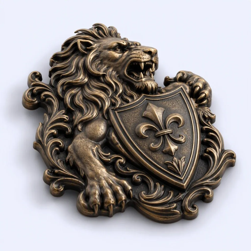Baroque Lion & Shield Antique Bronze Emblem