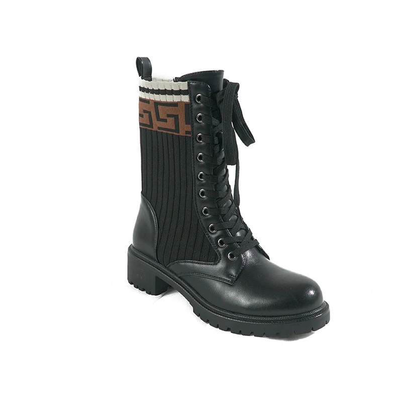 

Custom Fashion Design PU Knitting Women Ankle Boots Chunky Heel Zipper Women black Boot