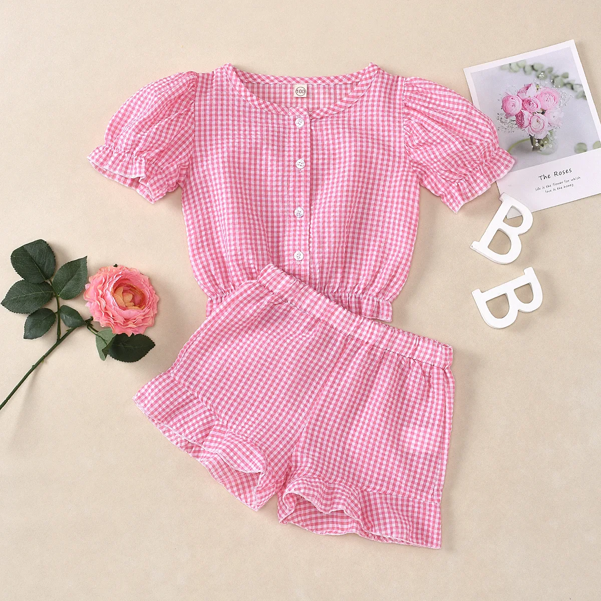 

Summer Lovely Toddler Girls Plaid Puff Sleeve Shirt+Ruffle Shorts Clothes Set