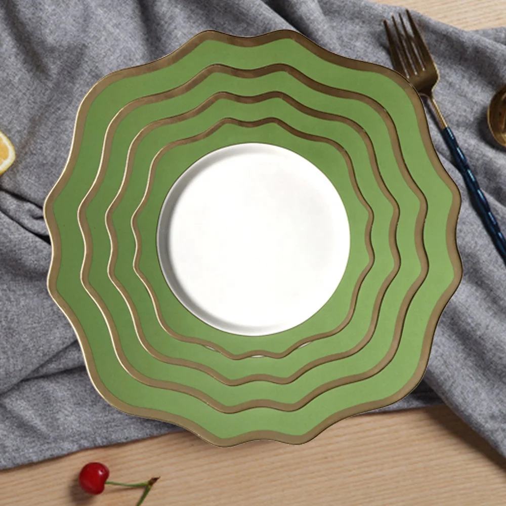 

2021 New Arrival Gold Rim Ceramic Dinner Set Luxurious Dinner Plate Set Porcelain For Wedding, As shown