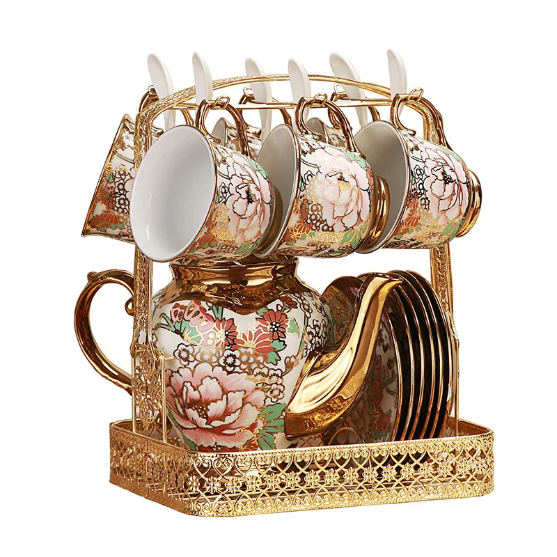 

14pcs/set Delicate Bone china Coffee Cup Set European Vintage Tea Cup Tea Kettle Saucer Set, Colorful